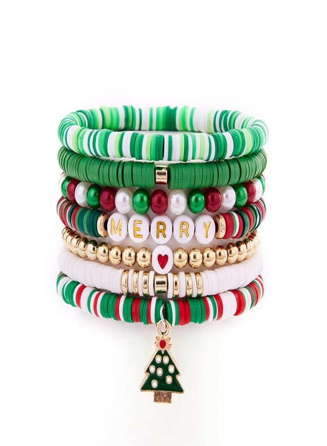 Sfoni 7Pcs Christmas Beaded Bracelet, Preppy Heishi Bracelets MERRY Letter Stack Vinyl Disc Beads Surfer Stretch Bracelet XMAS Party Decor Festive Cosplay Jewelry Gifts for Her Him, Green - Image 1
